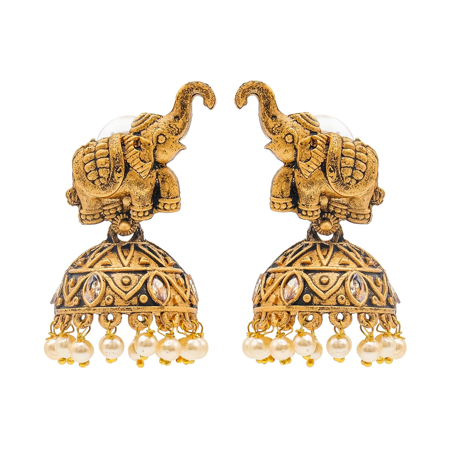 Traditional Indian Matte Gold Oxidised CZ Crystal Studded Elephant Jhumka Earring For Women - Gold Maroon (SJE_110_G_M)