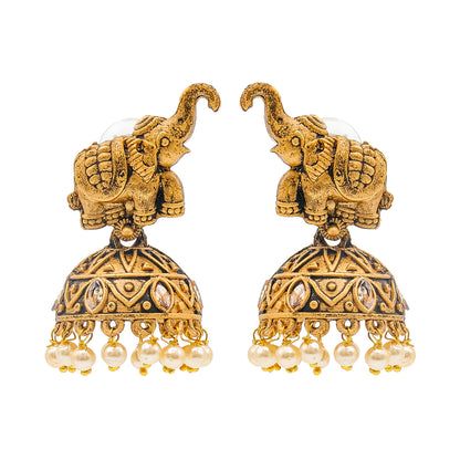 Traditional Indian Matte Gold Oxidised CZ Crystal Studded Elephant Jhumka Earring For Women - Gold Maroon (SJE_110_G_M)