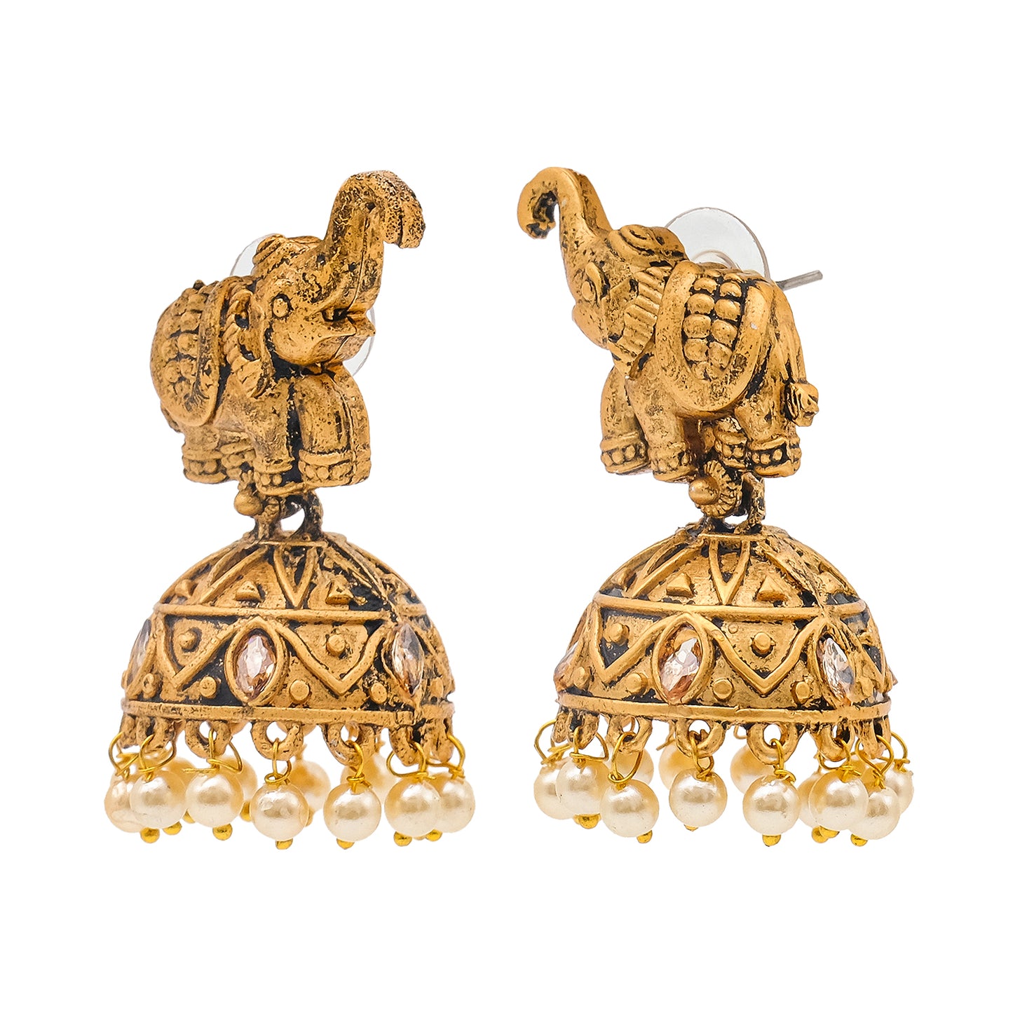 Traditional Indian Matte Gold Oxidised CZ Crystal Studded Elephant Jhumka Earring For Women - Gold Maroon (SJE_110_G_M)