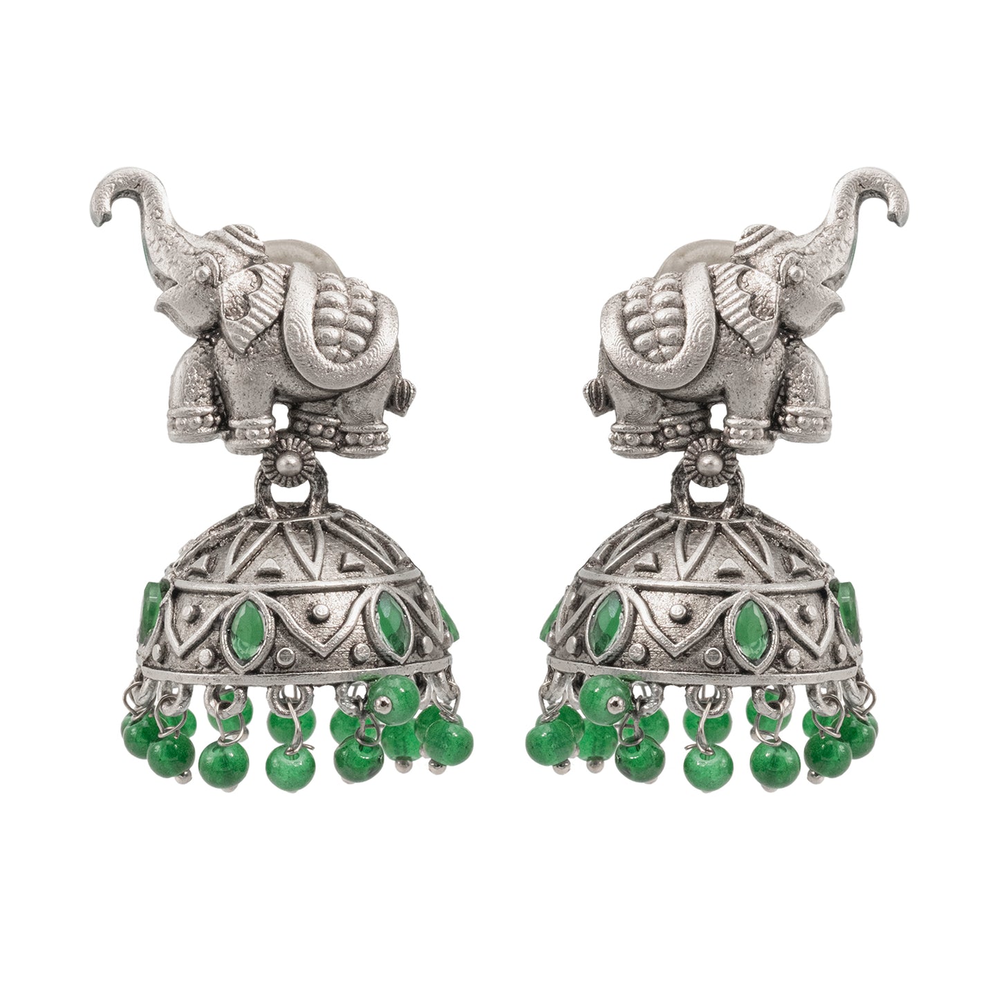 Traditional Indian Matte Silver Oxidised CZ Crystal Studded Elephant Jhumka Earring For Women - Silver Ruby Green (SJE_110_S_R_G)