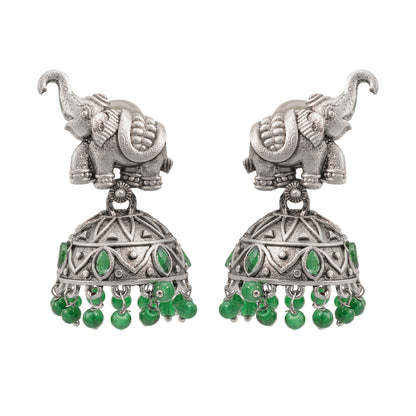 Traditional Indian Matte Silver Oxidised CZ Crystal Studded Elephant Jhumka Earring For Women - Silver Ruby Green (SJE_110_S_R_G)