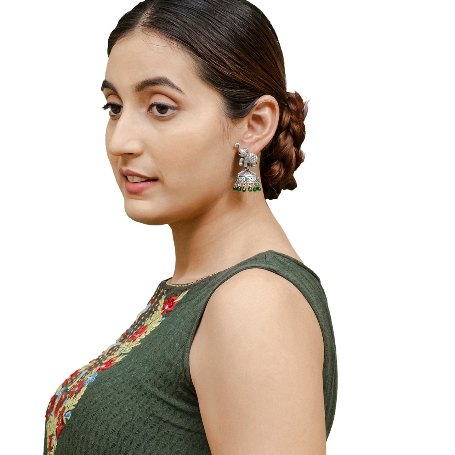 Traditional Indian Matte Silver Oxidised CZ Crystal Studded Elephant Jhumka Earring For Women - Silver Ruby Green (SJE_110_S_R_G)