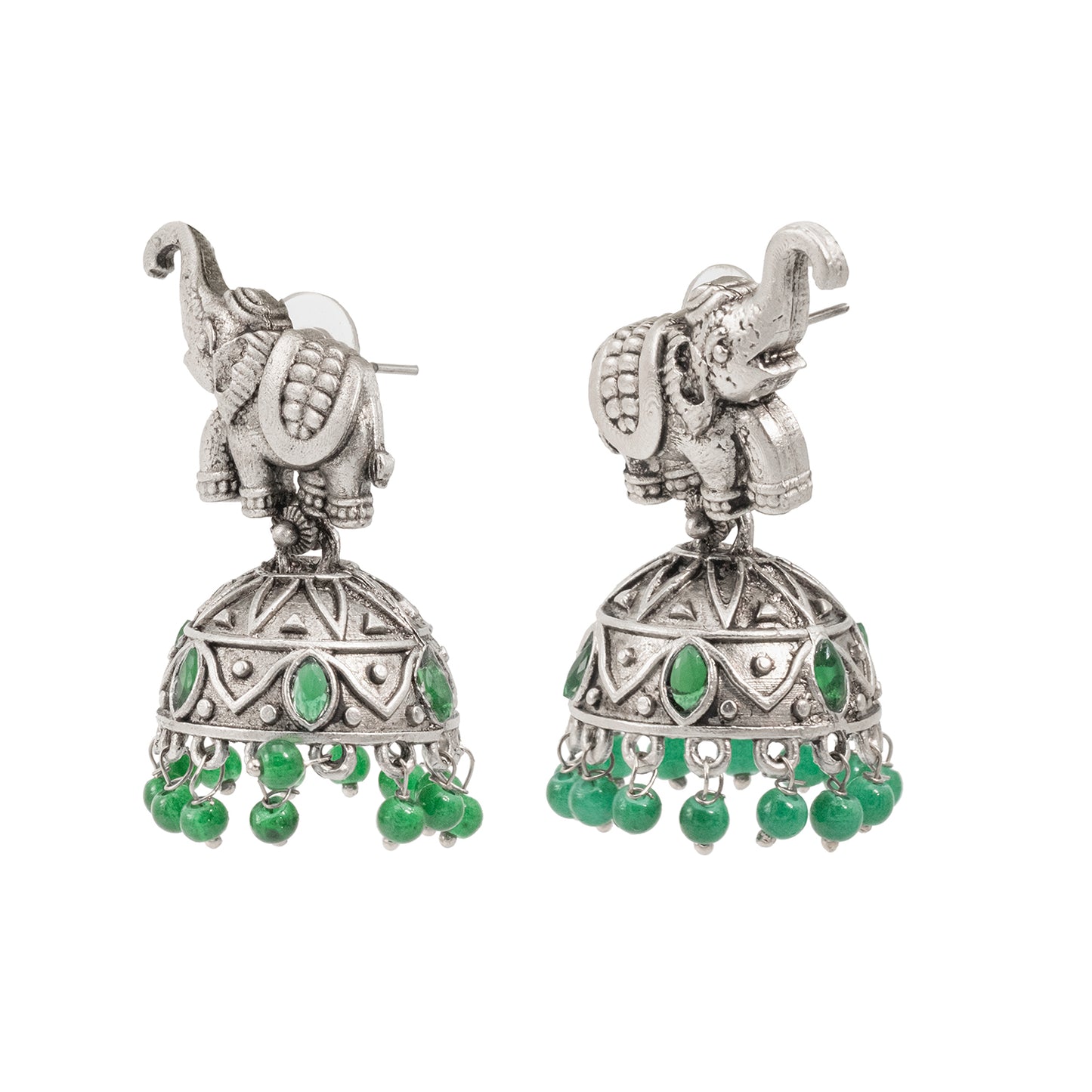 Traditional Indian Matte Silver Oxidised CZ Crystal Studded Elephant Jhumka Earring For Women - Silver Ruby Green (SJE_110_S_R_G)