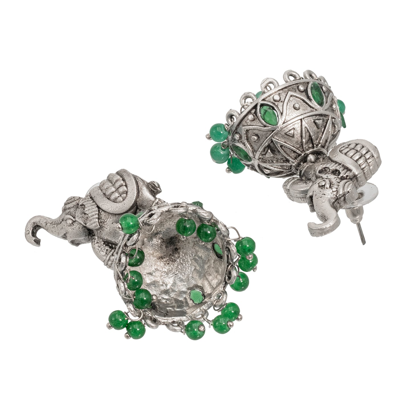 Traditional Indian Matte Silver Oxidised CZ Crystal Studded Elephant Jhumka Earring For Women - Silver Ruby Green (SJE_110_S_R_G)