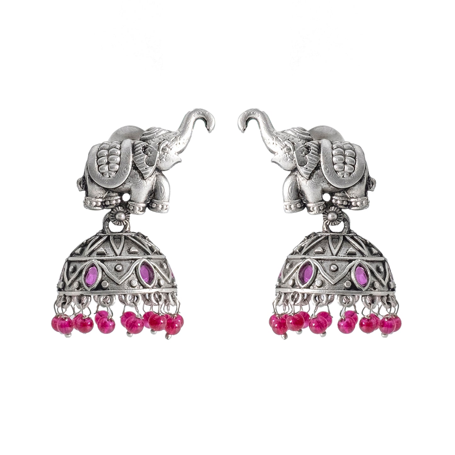 Traditional Indian Matte Silver Oxidised CZ Crystal Studded Elephant Jhumka Earring For Women - Silver Ruby Green (SJE_110_S_R_G)