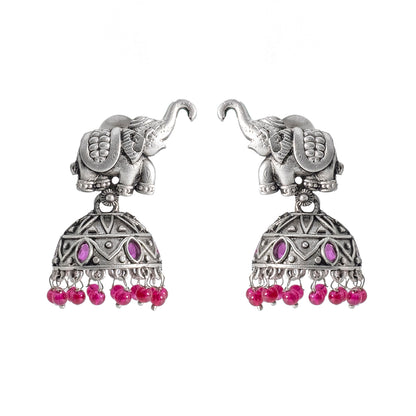 Traditional Indian Matte Silver Oxidised CZ Crystal Studded Elephant Jhumka Earring For Women - Silver Ruby Green (SJE_110_S_R_G)