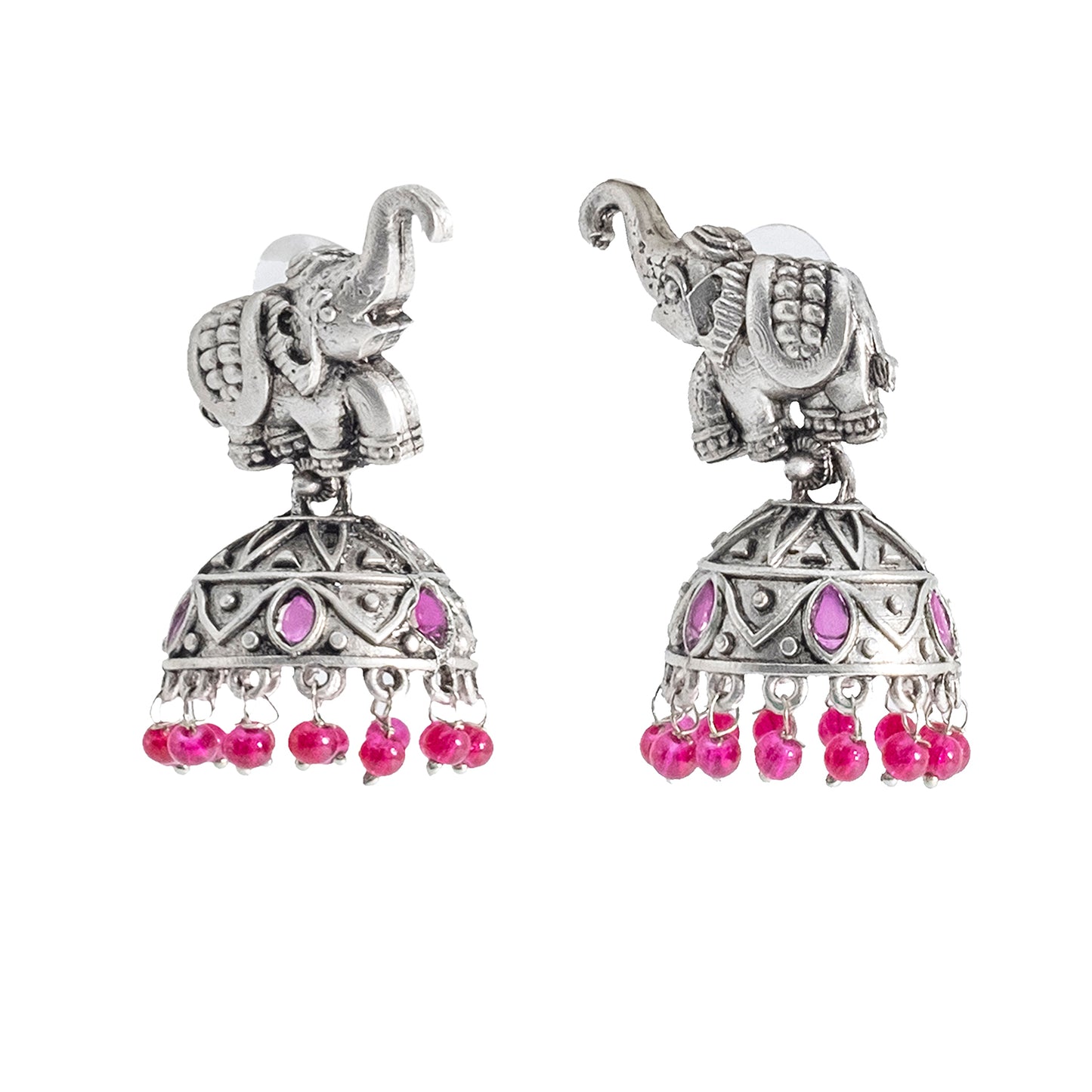 Traditional Indian Matte Silver Oxidised CZ Crystal Studded Elephant Jhumka Earring For Women - Silver Ruby Green (SJE_110_S_R_G)