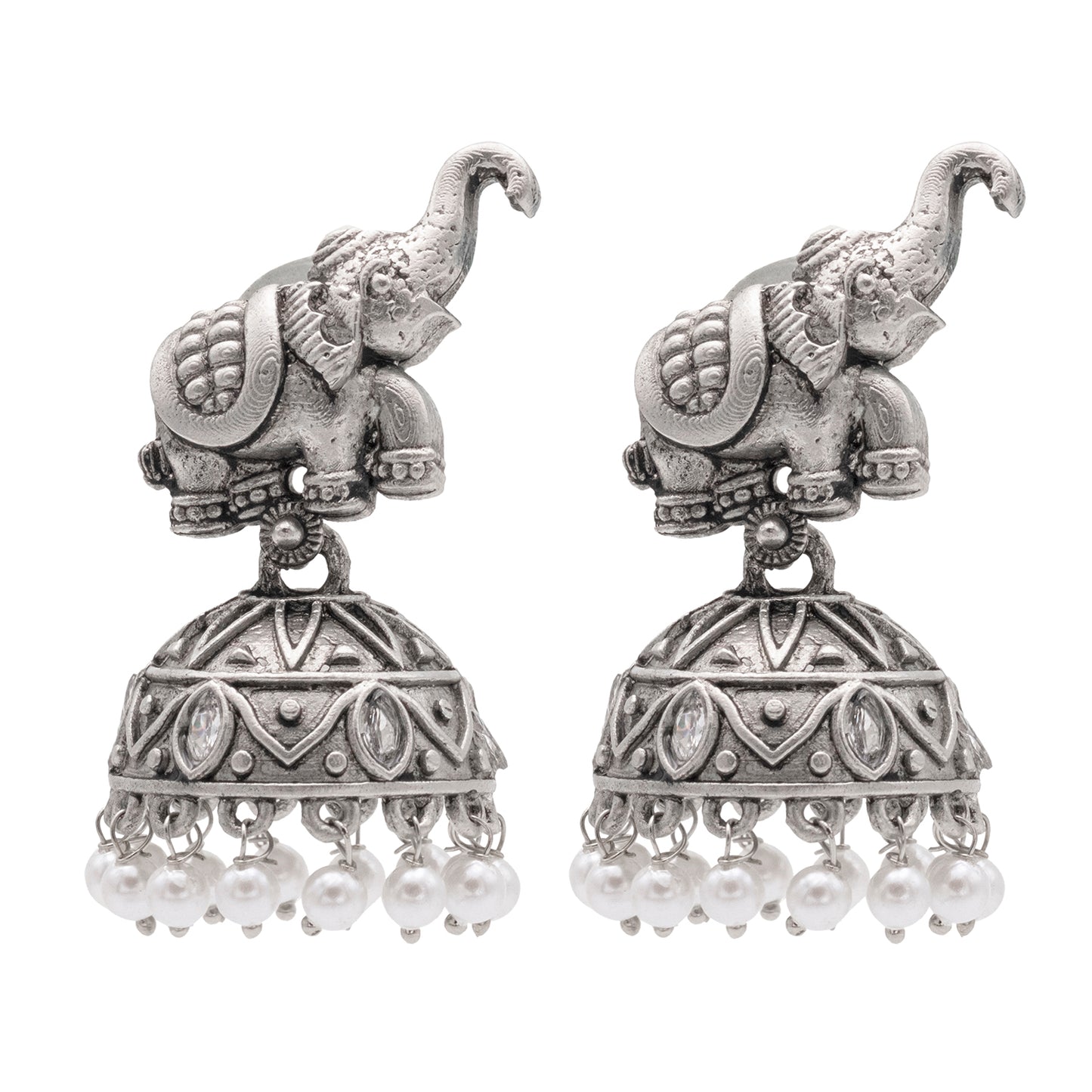 Traditional Indian Matte Silver Oxidised CZ Crystal Studded Elephant Jhumka Earring For Women - Silver Ruby Green (SJE_110_S_R_G)