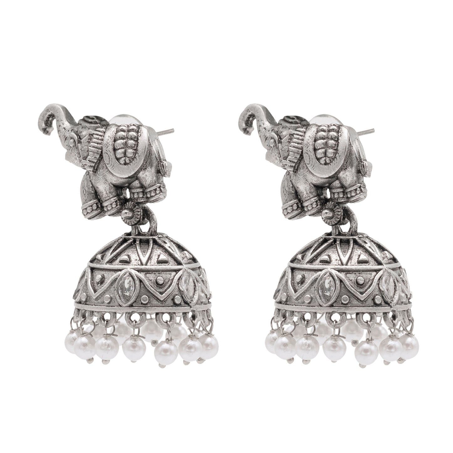 Traditional Indian Matte Silver Oxidised CZ Crystal Studded Elephant Jhumka Earring For Women - Silver Ruby Green (SJE_110_S_R_G)