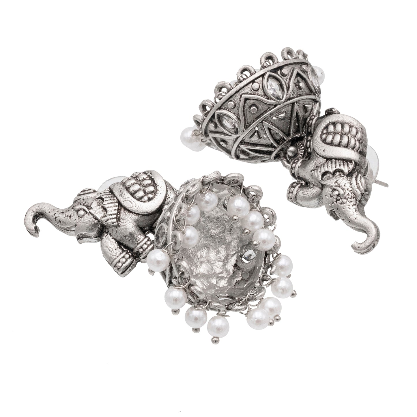 Traditional Indian Matte Silver Oxidised CZ Crystal Studded Elephant Jhumka Earring For Women - Silver Ruby Green (SJE_110_S_R_G)