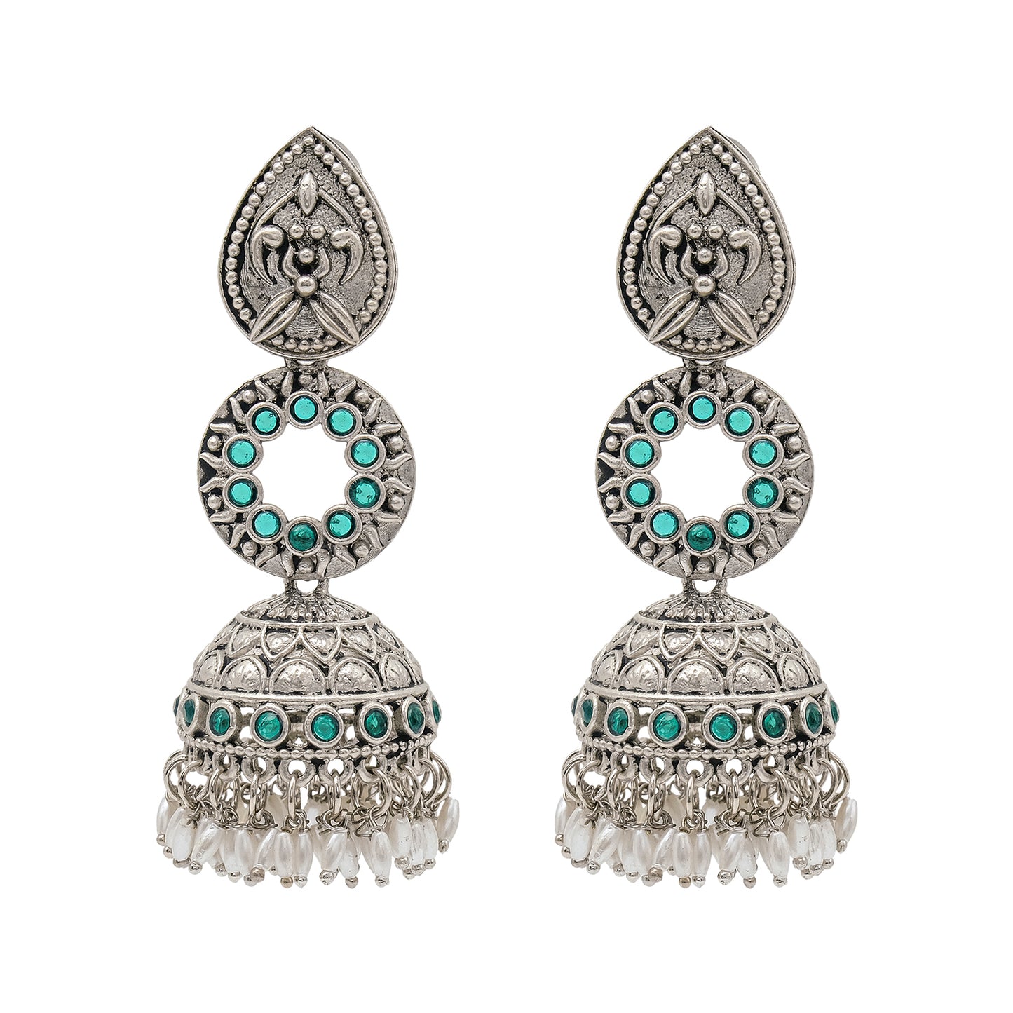 Traditional Indian Matte Silver Oxidised CZ Crystal Studded Jhumka Earring For Women - Silver White (SJE_111_S_W)