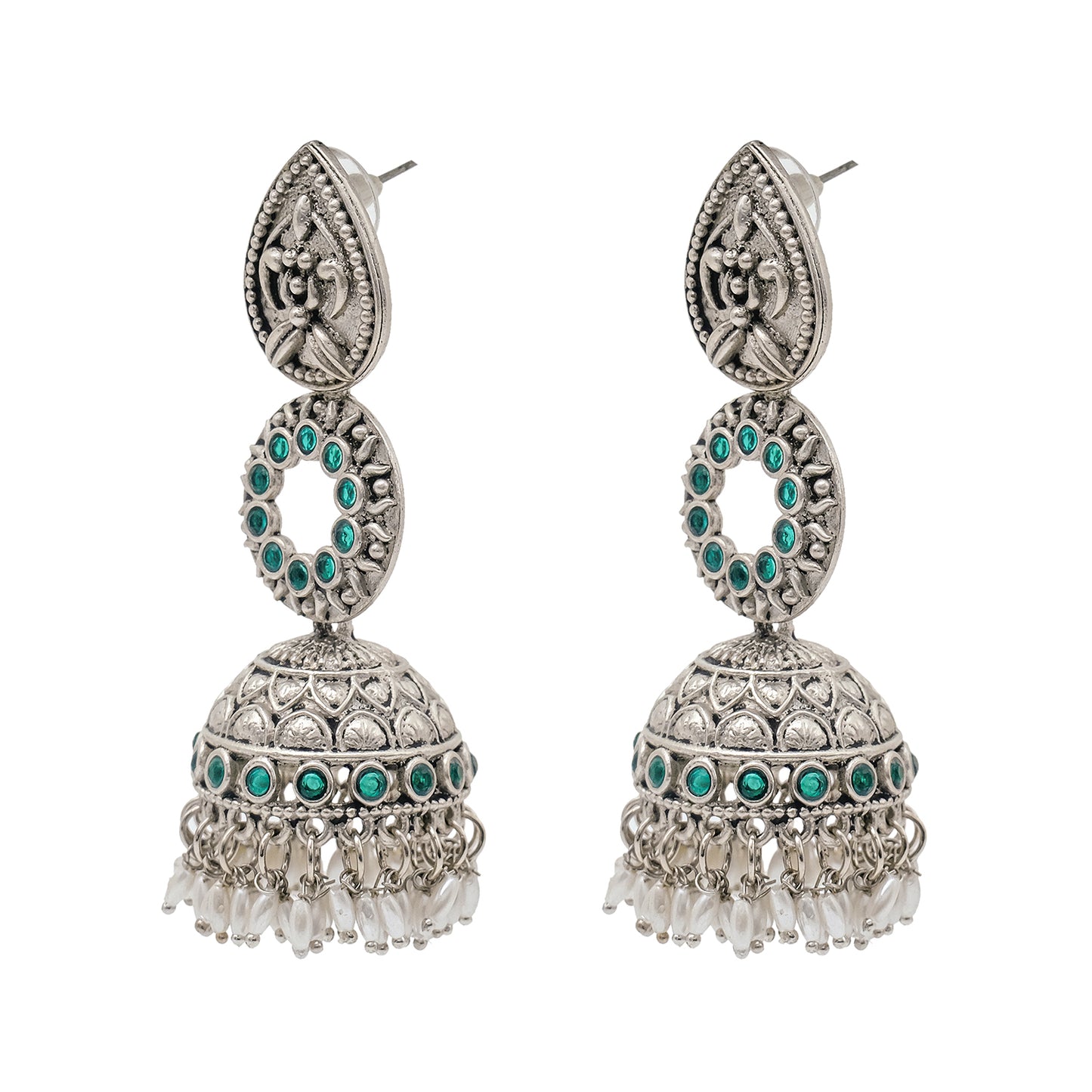 Traditional Indian Matte Silver Oxidised CZ Crystal Studded Jhumka Earring For Women - Silver White (SJE_111_S_W)