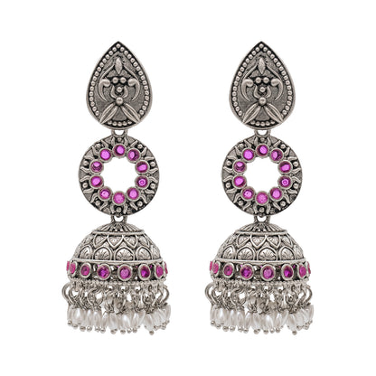 Traditional Indian Matte Silver Oxidised CZ Crystal Studded Jhumka Earring For Women - Silver White (SJE_111_S_W)