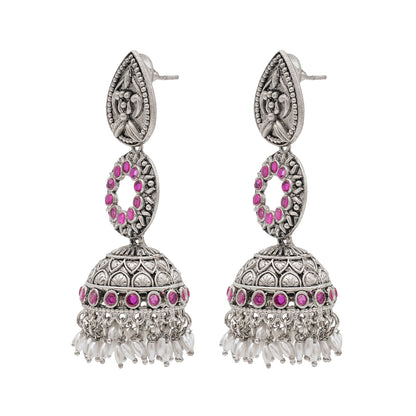 Traditional Indian Matte Silver Oxidised CZ Crystal Studded Jhumka Earring For Women - Silver White (SJE_111_S_W)