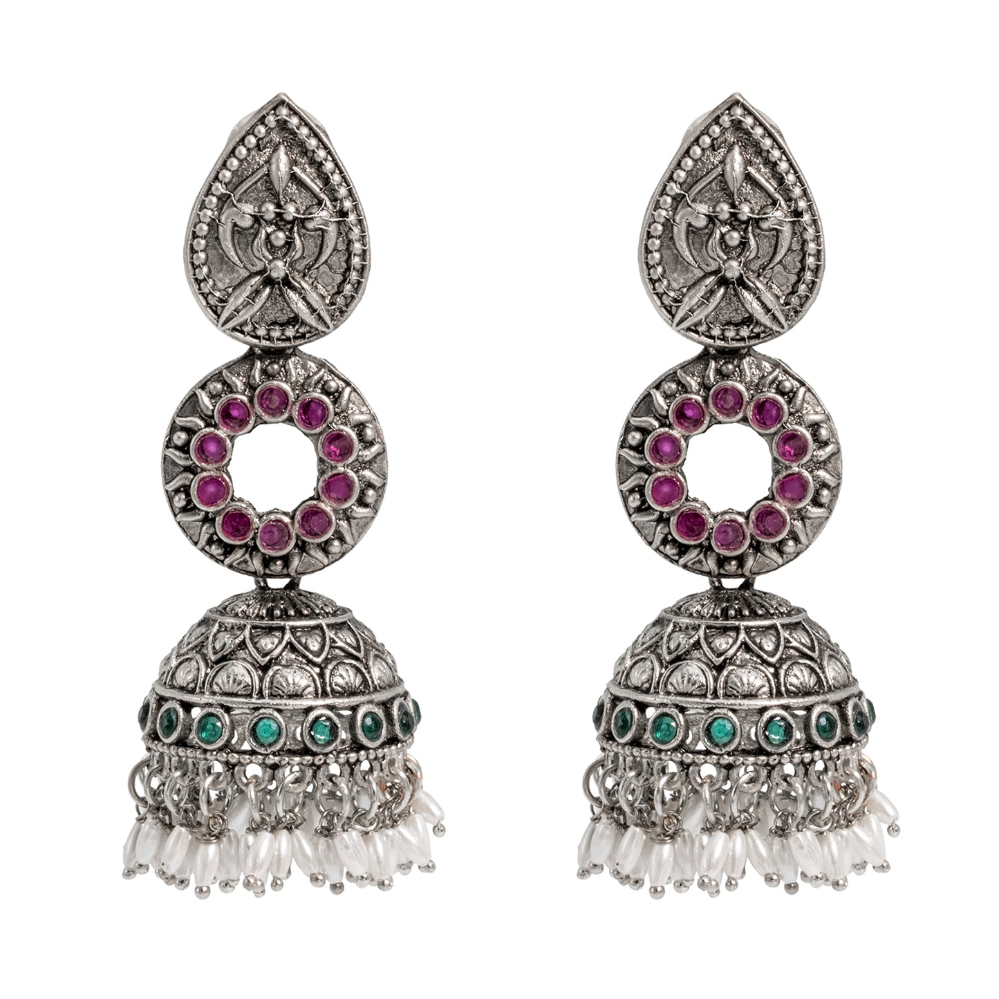 Traditional Indian Matte Silver Oxidised CZ Crystal Studded Jhumka Earring For Women - Silver White (SJE_111_S_W)