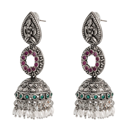 Traditional Indian Matte Silver Oxidised CZ Crystal Studded Jhumka Earring For Women - Silver White (SJE_111_S_W)