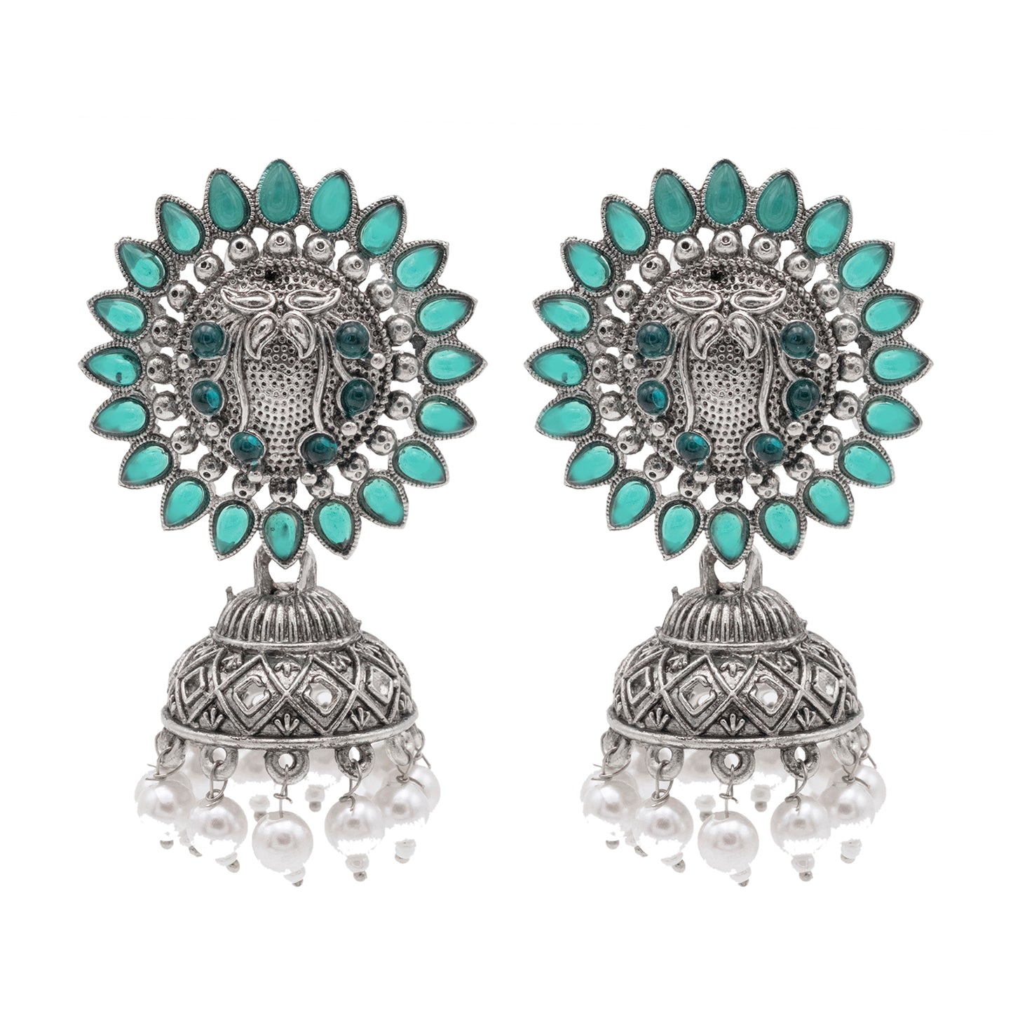 Traditional Indian Matte Silver Oxidised CZ Crystal Studded Jhumka Earring For Women-Silver White (SJE_112_S_W)