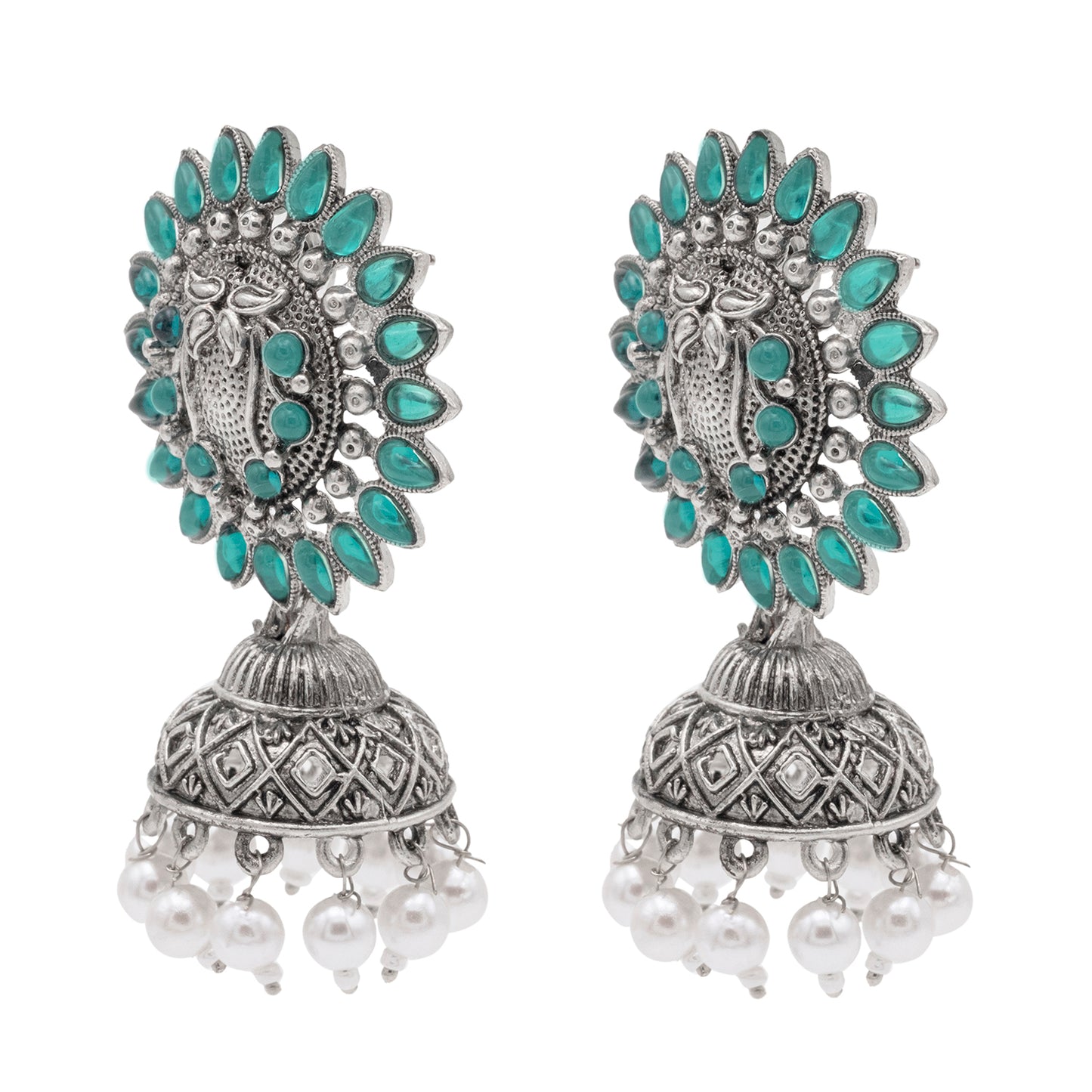 Traditional Indian Matte Silver Oxidised CZ Crystal Studded Jhumka Earring For Women-Silver White (SJE_112_S_W)