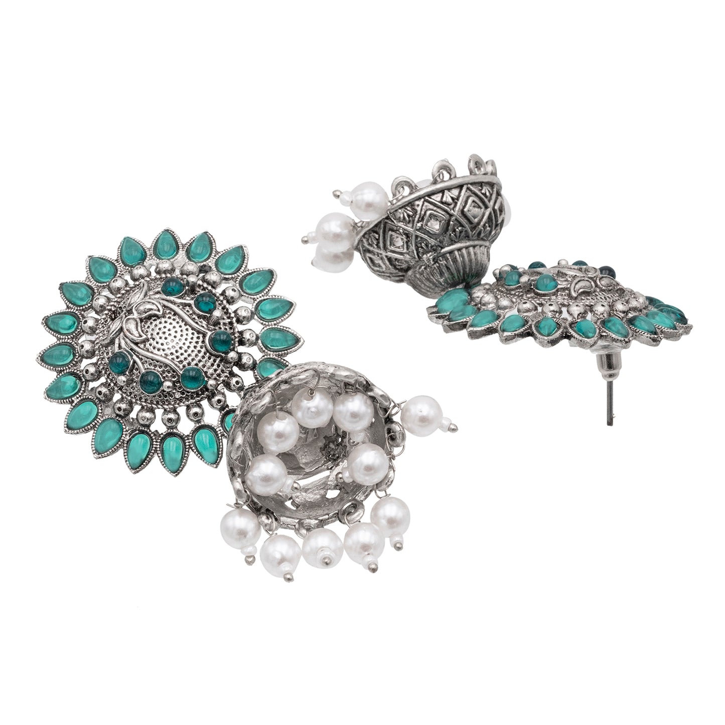 Traditional Indian Matte Silver Oxidised CZ Crystal Studded Jhumka Earring For Women-Silver White (SJE_112_S_W)