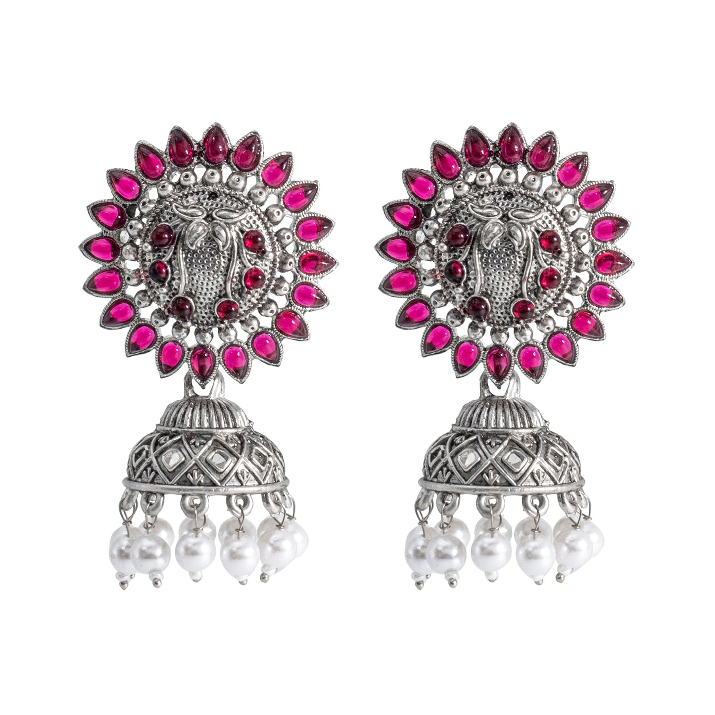 Traditional Indian Matte Silver Oxidised CZ Crystal Studded Jhumka Earring For Women-Silver White (SJE_112_S_W)