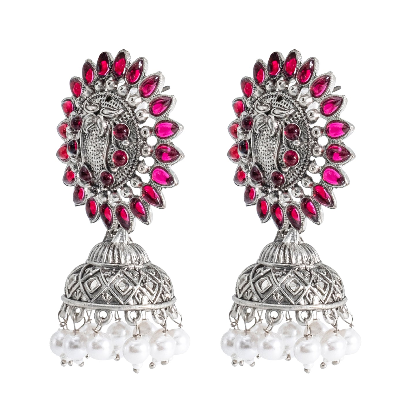 Traditional Indian Matte Silver Oxidised CZ Crystal Studded Jhumka Earring For Women-Silver White (SJE_112_S_W)