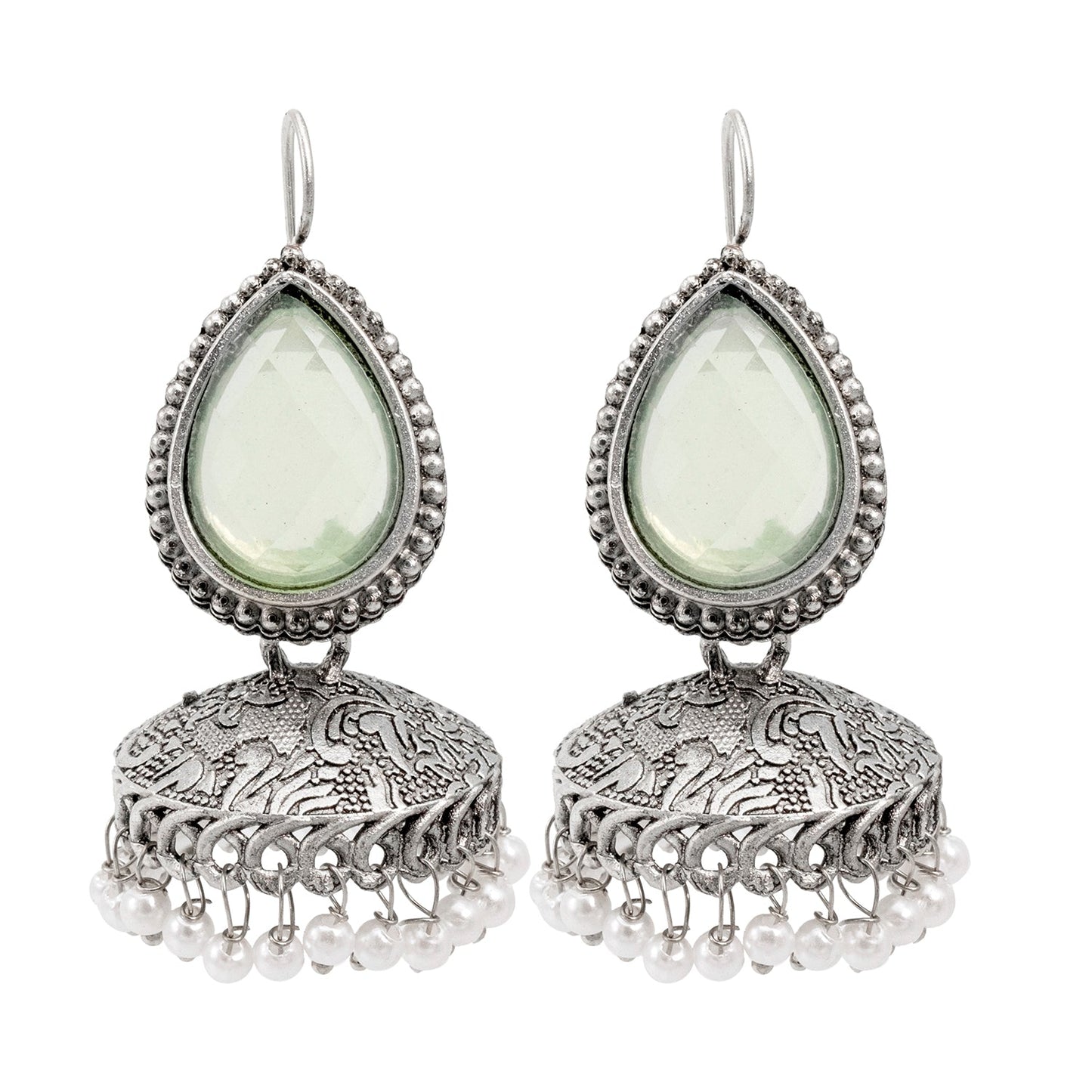 Shining Jewel Traditional Indian Matte Silver Oxidised CZ, Crystal Studded Temple Jhumka Earring For Women - Silver Light Green (SJE_113_S_LG)