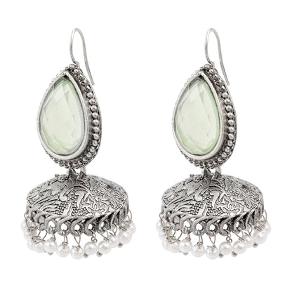 Shining Jewel Traditional Indian Matte Silver Oxidised CZ, Crystal Studded Temple Jhumka Earring For Women - Silver Light Green (SJE_113_S_LG)