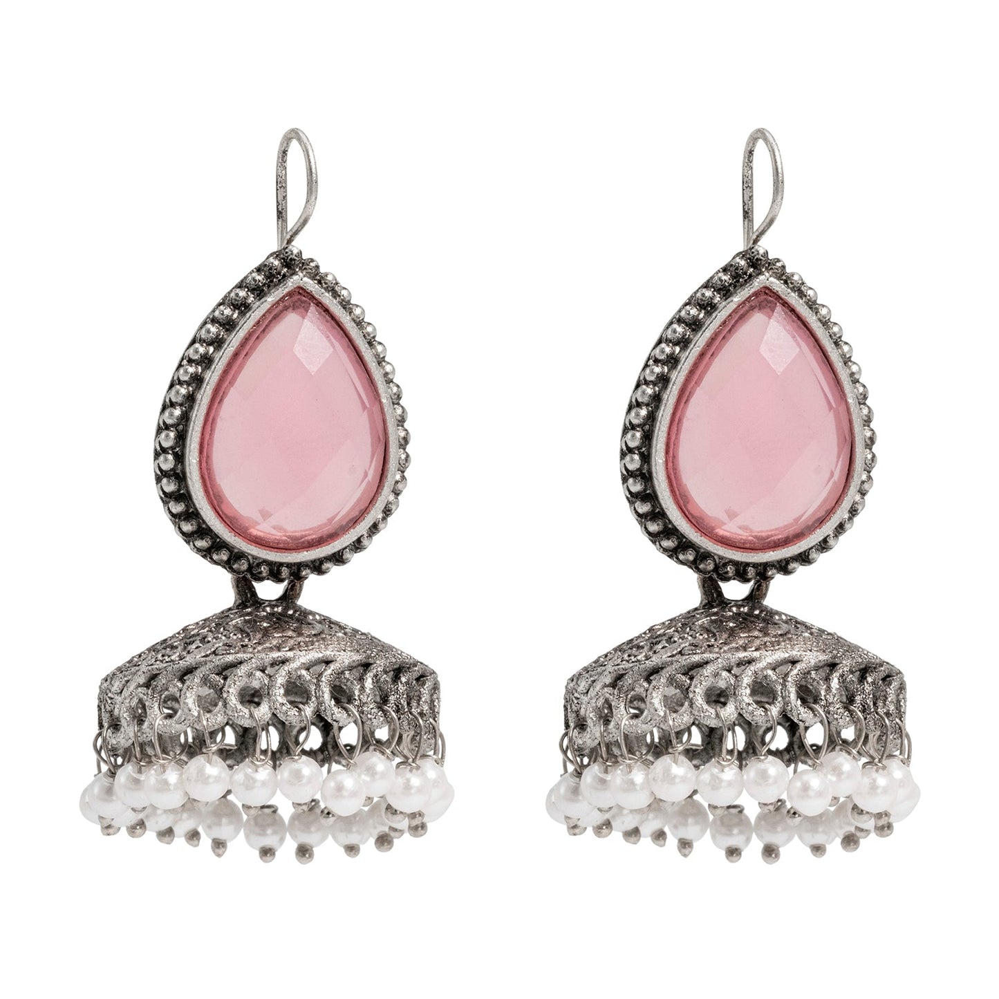 Shining Jewel Traditional Indian Matte Silver Oxidised CZ, Crystal Studded Temple Jhumka Earring For Women - Silver Light Pink (SJE_113_S_LP)