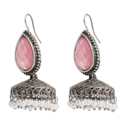 Shining Jewel Traditional Indian Matte Silver Oxidised CZ, Crystal Studded Temple Jhumka Earring For Women - Silver Light Pink (SJE_113_S_LP)