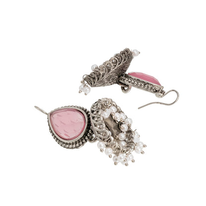 Shining Jewel Traditional Indian Matte Silver Oxidised CZ, Crystal Studded Temple Jhumka Earring For Women - Silver Light Pink (SJE_113_S_LP)