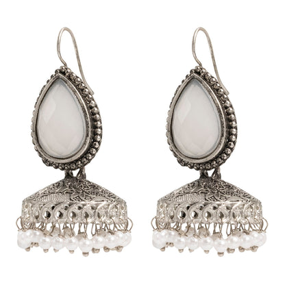 Shining Jewel Traditional Indian Matte Silver Oxidised CZ, Crystal Studded Temple Jhumka Earring For Women - Silver White (SJE_113_S_W)