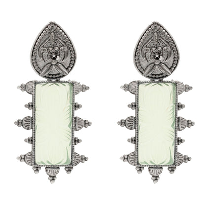 Shining Jewel Traditional Indian Matte Silver Oxidised CZ, Crystal Studded Temple Jhumka Earring For Women - Silver Light Green (SJE_114_S_LG)