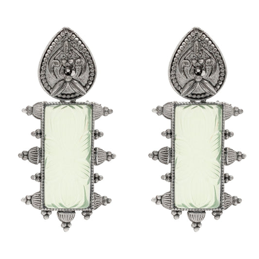 Shining Jewel Traditional Indian Matte Silver Oxidised CZ, Crystal Studded Temple Jhumka Earring For Women - Silver Light Green (SJE_114_S_LG)