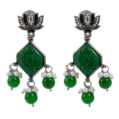 Shining Jewel Traditional Indian Matte Silver Oxidised CZ, Crystal Studded Temple Jhumka Earring For Women - Silver Green (SJE_115_S_G)