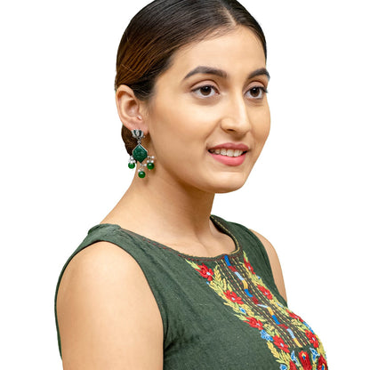 Shining Jewel Traditional Indian Matte Silver Oxidised CZ, Crystal Studded Temple Jhumka Earring For Women - Silver Green (SJE_115_S_G)