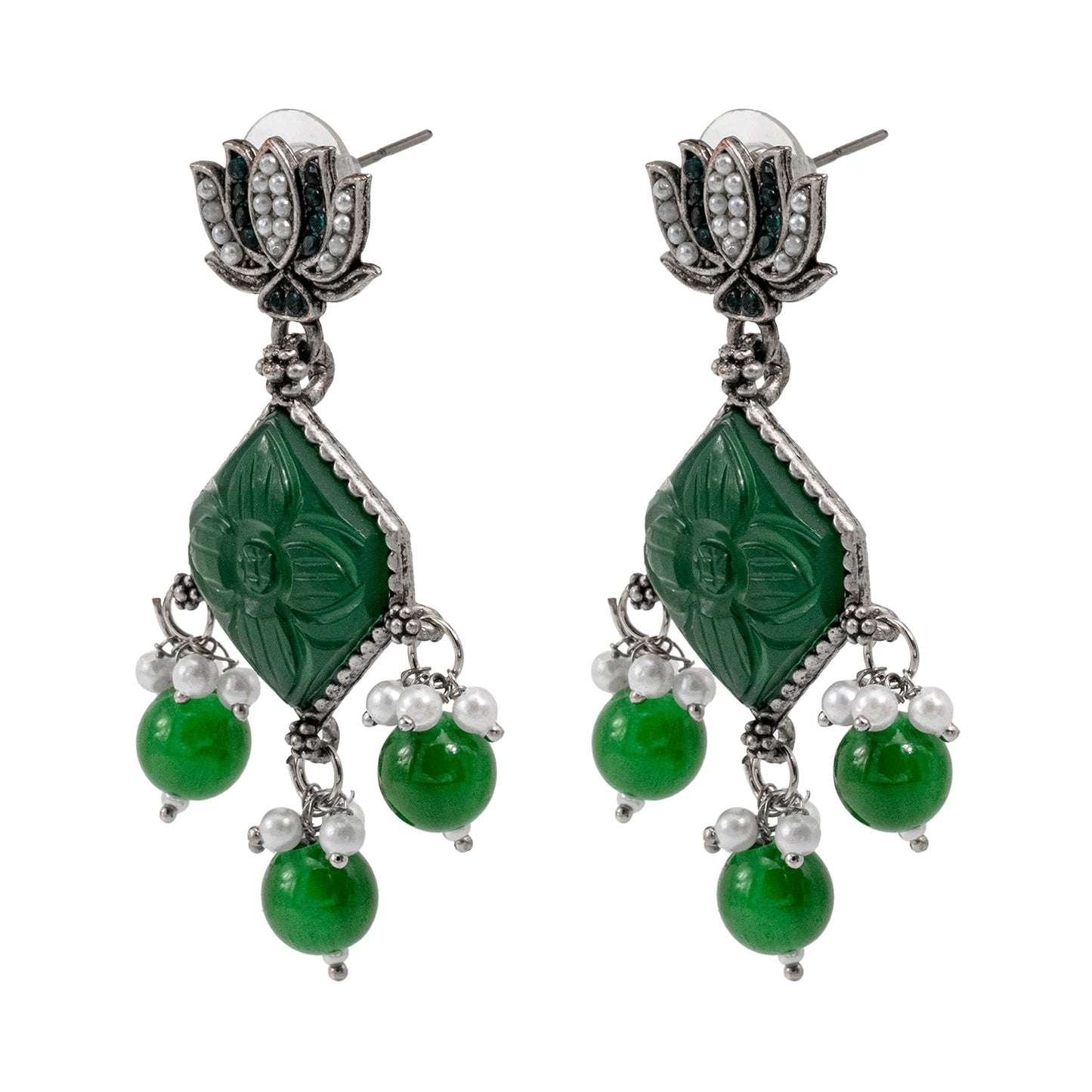 Shining Jewel Traditional Indian Matte Silver Oxidised CZ, Crystal Studded Temple Jhumka Earring For Women - Silver Green (SJE_115_S_G)