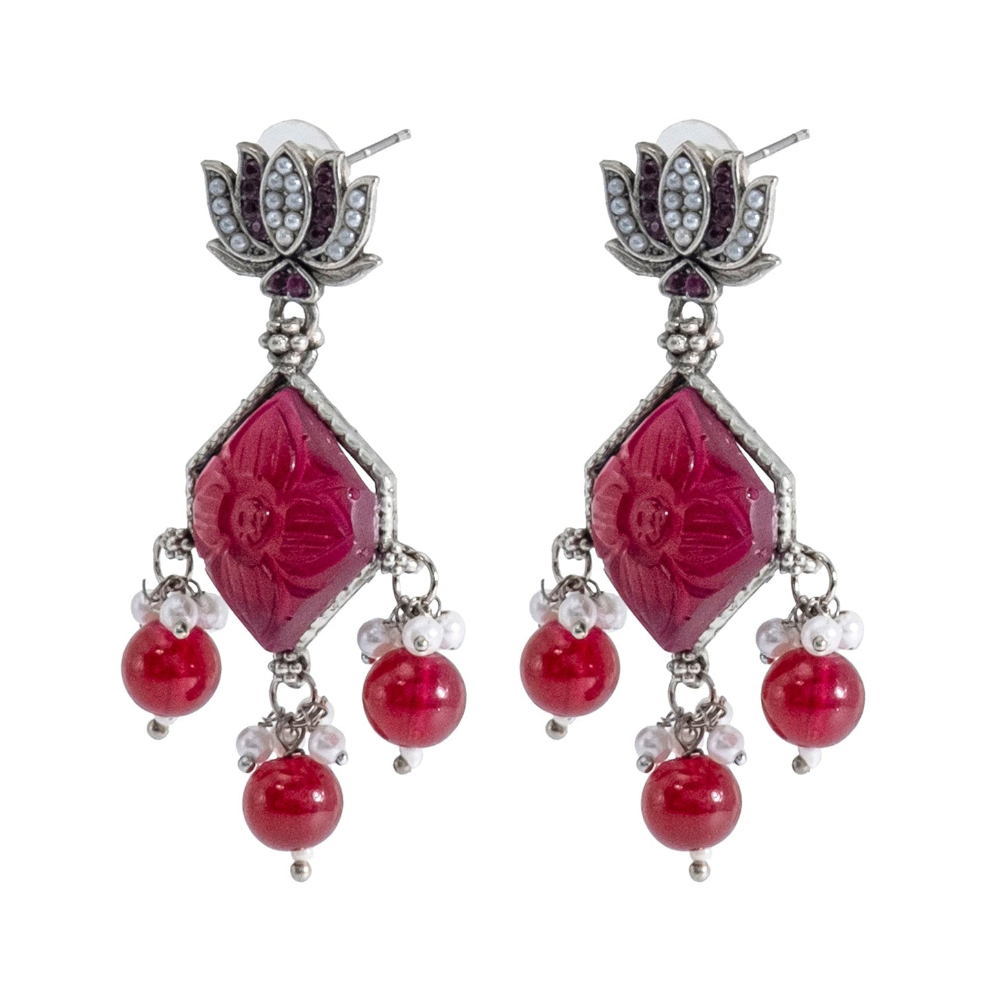 Shining Jewel Traditional Indian Matte Silver Oxidised CZ, Crystal Studded Temple Jhumka Earring For Women - Silver Maroon (SJE_115_S_M)