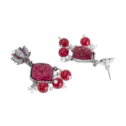 Shining Jewel Traditional Indian Matte Silver Oxidised CZ, Crystal Studded Temple Jhumka Earring For Women - Silver Maroon (SJE_115_S_M)