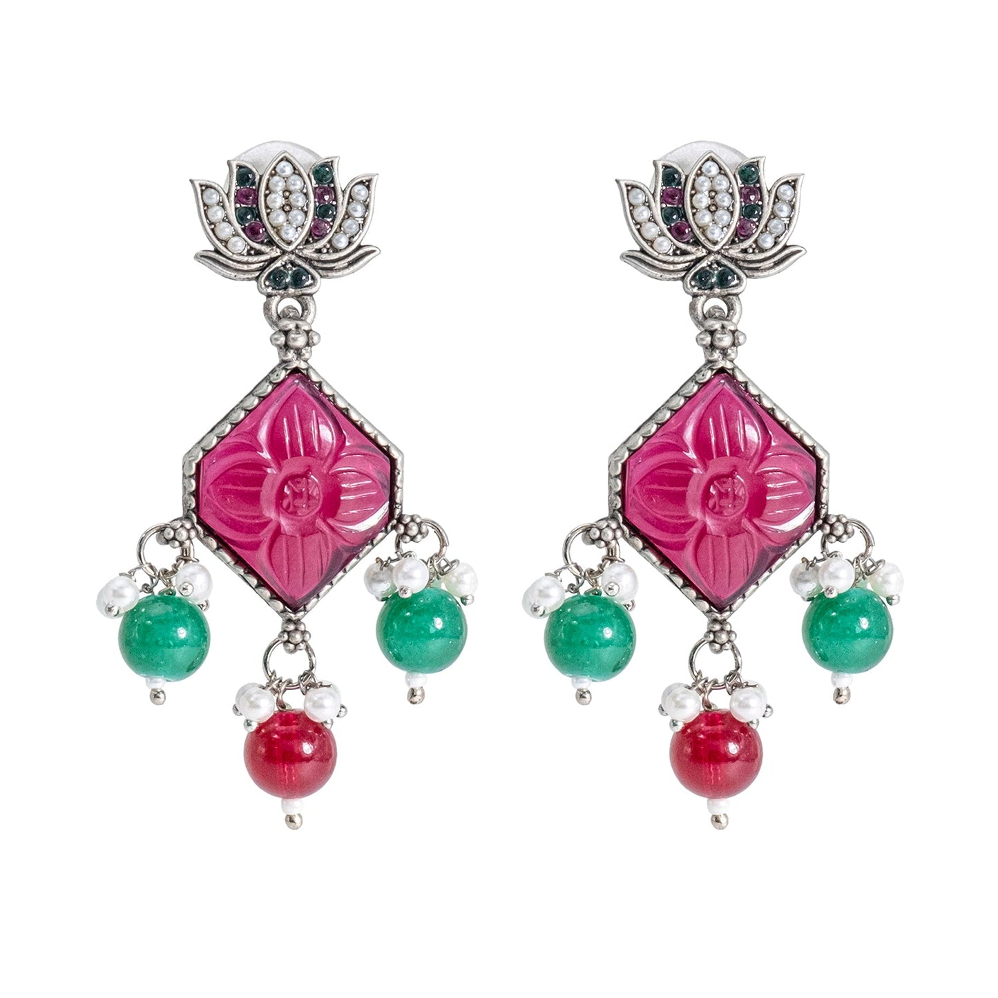 Shining Jewel Traditional Indian Matte Silver Oxidised CZ, Crystal Studded Temple Jhumka Earring For Women - Silver Ruby Green (SJE_115_S_R_G)