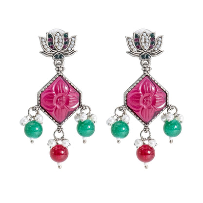 Shining Jewel Traditional Indian Matte Silver Oxidised CZ, Crystal Studded Temple Jhumka Earring For Women - Silver Ruby Green (SJE_115_S_R_G)