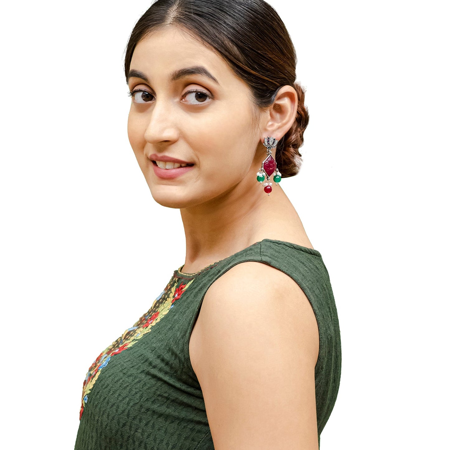 Shining Jewel Traditional Indian Matte Silver Oxidised CZ, Crystal Studded Temple Jhumka Earring For Women - Silver Ruby Green (SJE_115_S_R_G)