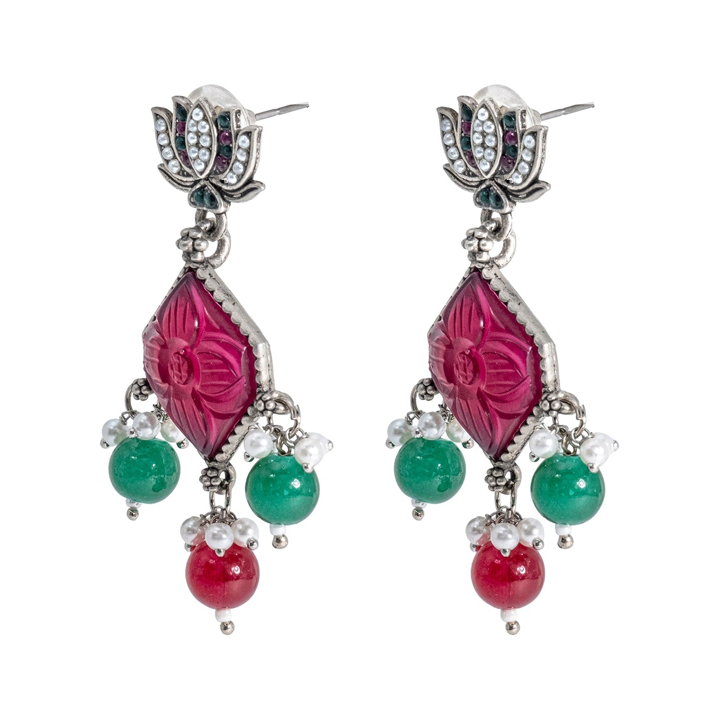 Shining Jewel Traditional Indian Matte Silver Oxidised CZ, Crystal Studded Temple Jhumka Earring For Women - Silver Ruby Green (SJE_115_S_R_G)