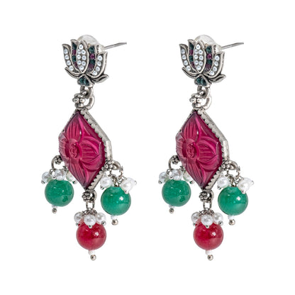 Shining Jewel Traditional Indian Matte Silver Oxidised CZ, Crystal Studded Temple Jhumka Earring For Women - Silver Ruby Green (SJE_115_S_R_G)