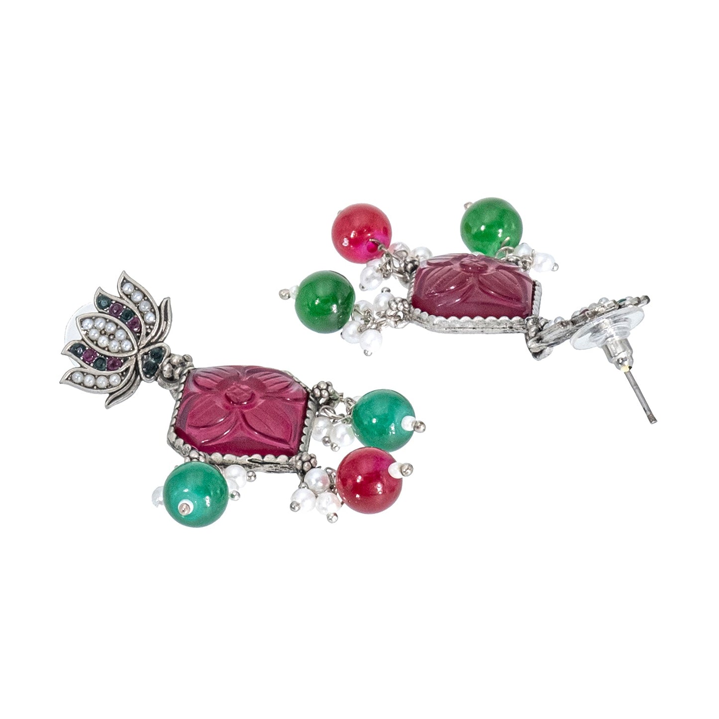 Shining Jewel Traditional Indian Matte Silver Oxidised CZ, Crystal Studded Temple Jhumka Earring For Women - Silver Ruby Green (SJE_115_S_R_G)