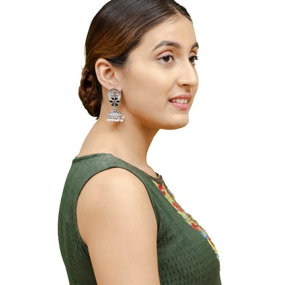 Traditional Indian Matte Silver Oxidised CZ Crystal Studded Flower Jhumka Earring For Women - Silver Black (SJE_116_S_BK)