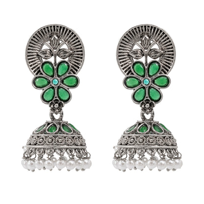 Traditional Indian Matte Silver Oxidised CZ Crystal Studded Flower Jhumka Earring For Women - Silver Black (SJE_116_S_BK)