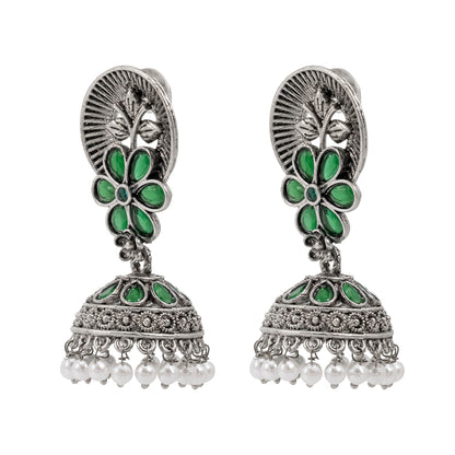 Traditional Indian Matte Silver Oxidised CZ Crystal Studded Flower Jhumka Earring For Women - Silver Black (SJE_116_S_BK)