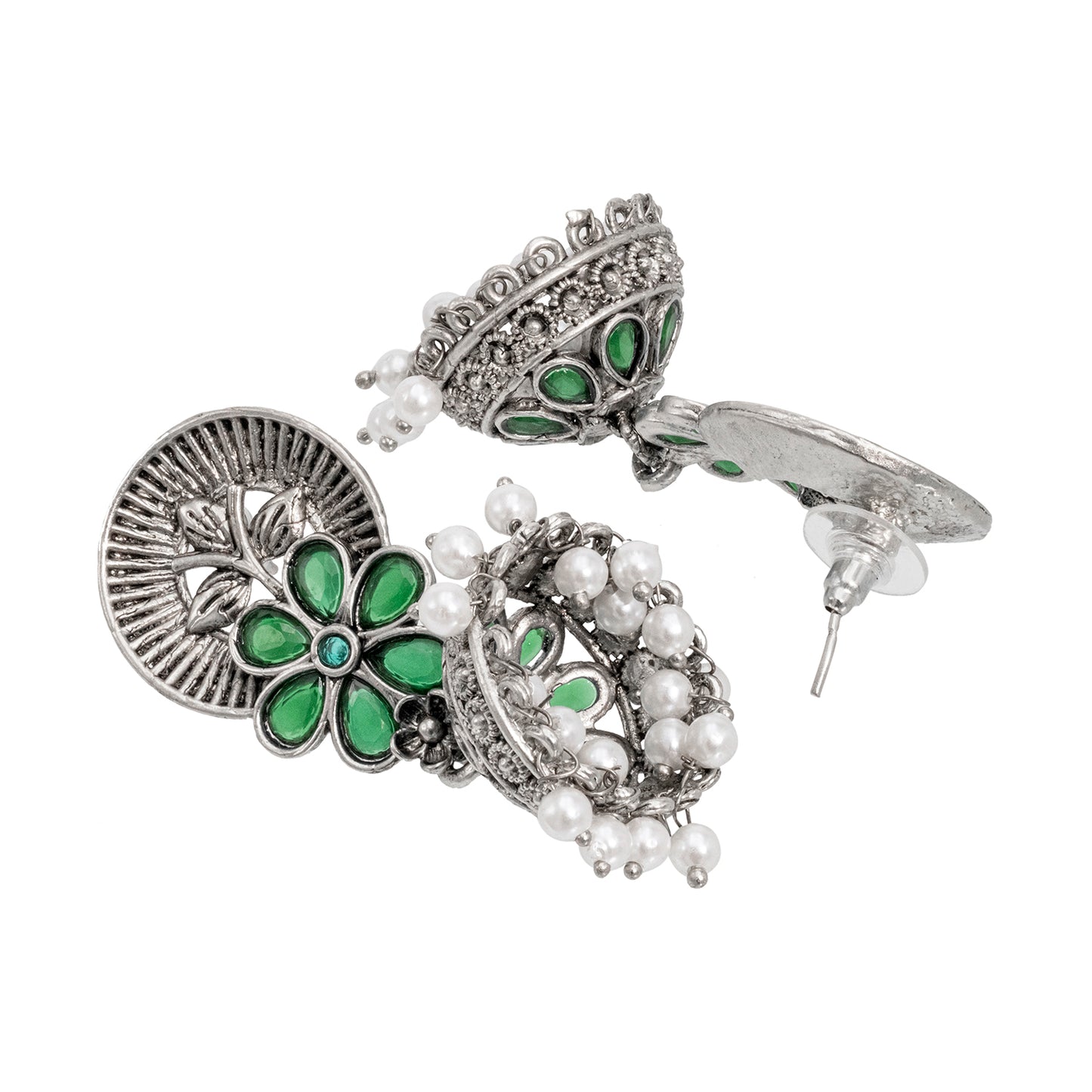 Traditional Indian Matte Silver Oxidised CZ Crystal Studded Flower Jhumka Earring For Women - Silver Black (SJE_116_S_BK)