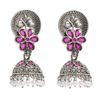 Traditional Indian Matte Silver Oxidised CZ Crystal Studded Flower Jhumka Earring For Women - Silver Black (SJE_116_S_BK)