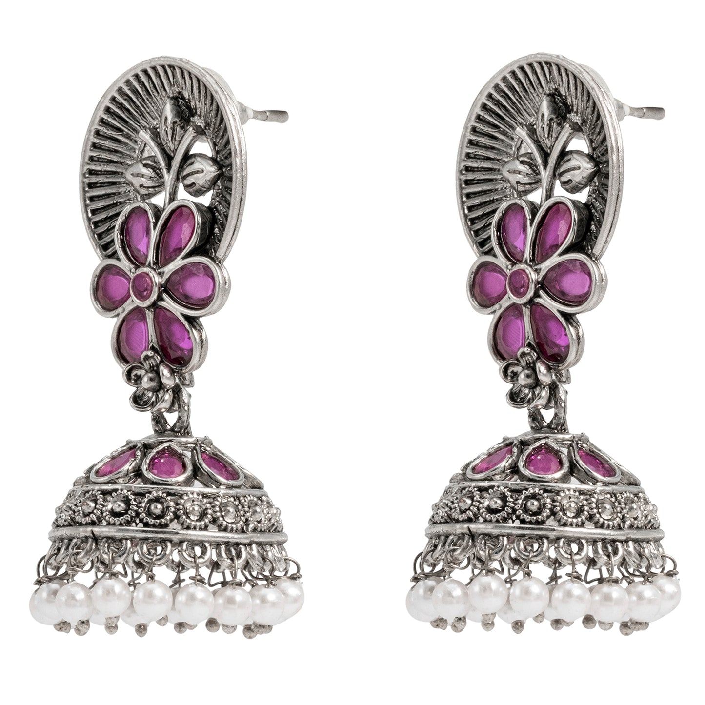 Traditional Indian Matte Silver Oxidised CZ Crystal Studded Flower Jhumka Earring For Women - Silver Black (SJE_116_S_BK)